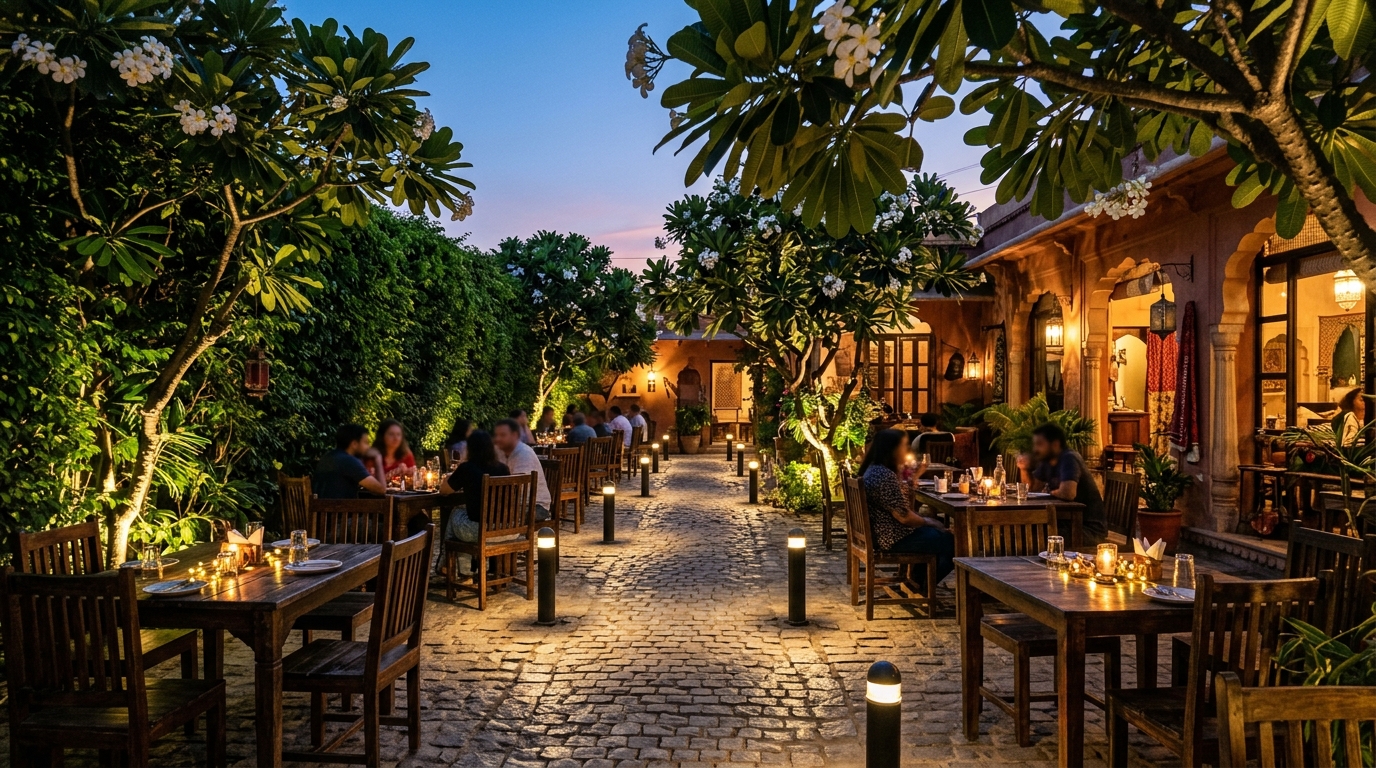 Boutique cafe outdoor courtyard concept with cobblestone flooring, Plumeria trees, and warm evening lighting