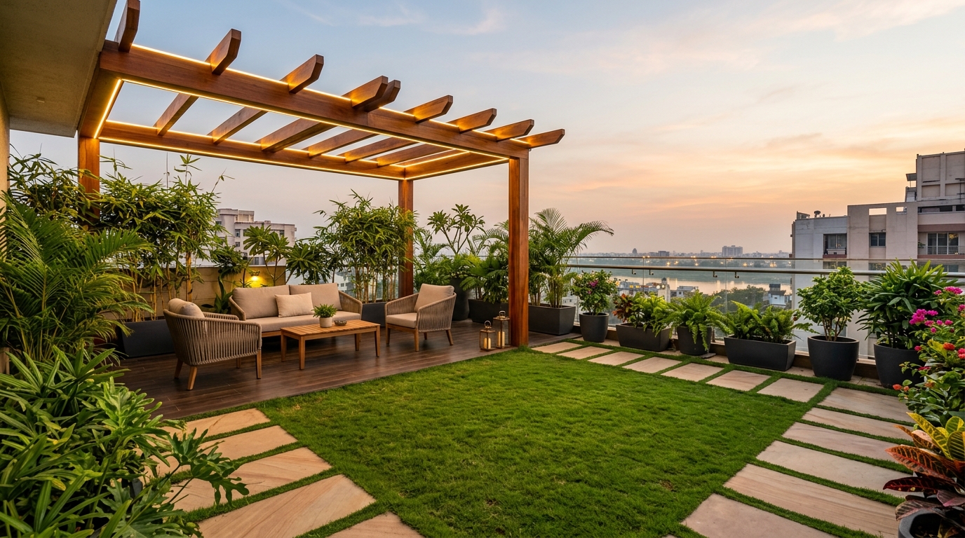 Rooftop terrace garden concept with timber pergola, modular planters, and Selection 1 natural grass
